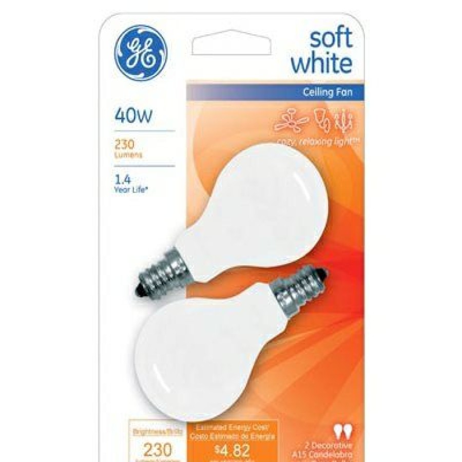 Heating & Cooling * | Ge Low Price Ceiling Fan Light Bulbs, White, Candelabra-Base, 40-Watts, 2-Pk.