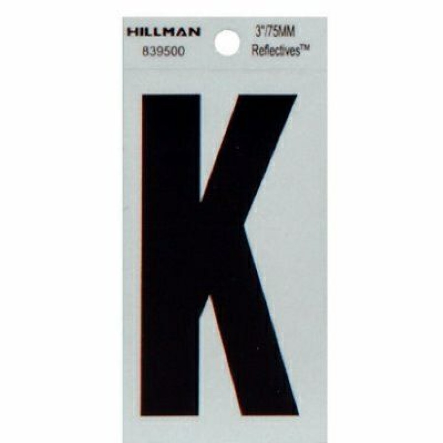 Hardware * | Hillman Low Price Reflective Adhesive House Address Letter K, Thin Cut, Black Vinyl, 3-In.